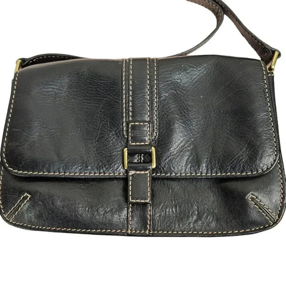 Fossil Handbag Black Leather Shoulder Bag Small Stitch Trim Brass‎ Accent - Picture 9 of 9